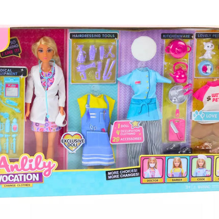 Anlily lėlė 4in1 Gydytoja Kirpėja Virėja Gyvūnai Drabužiai Aksesuarai