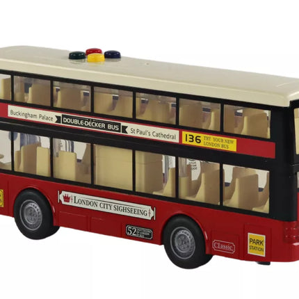 Dviaukštis miesto autobusas su šviesomis ir garsais, raudonas, 1:16 mastelis