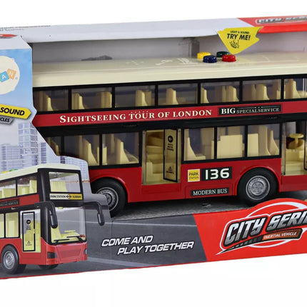 Dviaukštis miesto autobusas su šviesomis ir garsais, raudonas, 1:16 mastelis