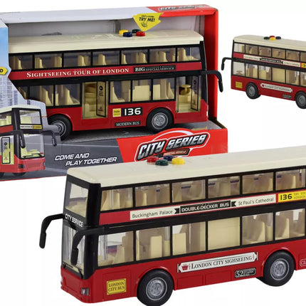 Dviaukštis miesto autobusas su šviesomis ir garsais, raudonas, 1:16 mastelis