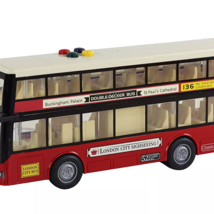 Dviaukštis miesto autobusas su šviesomis ir garsais, raudonas, 1:16 mastelis