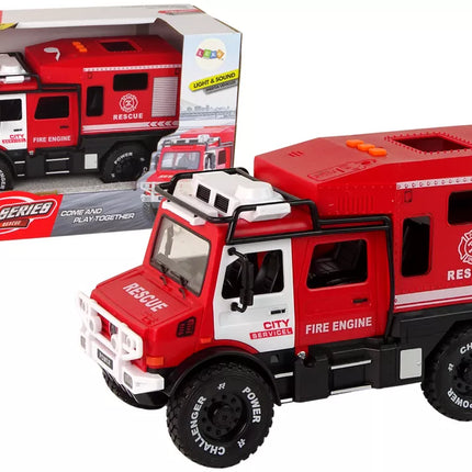 Visureigis ugniagesių automobilis raudonas atidaromos durys garsai šviesos