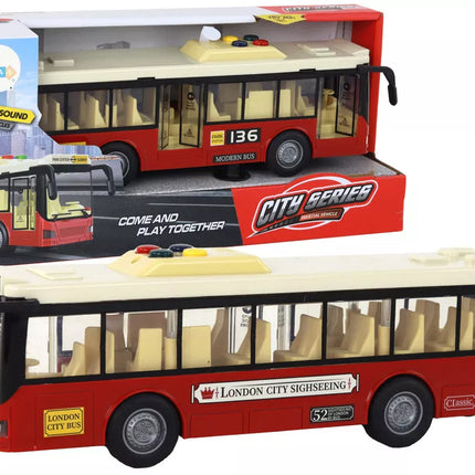 Autobusas su baterijomis, šviesos, garsai, raudonas miestas 1:16