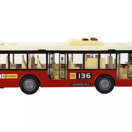 Autobusas su baterijomis, šviesos, garsai, raudonas miestas 1:16