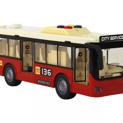 Autobusas su baterijomis, šviesos, garsai, raudonas miestas 1:16