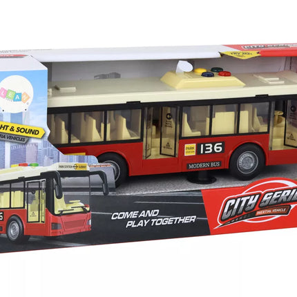 Autobusas su baterijomis, šviesos, garsai, raudonas miestas 1:16