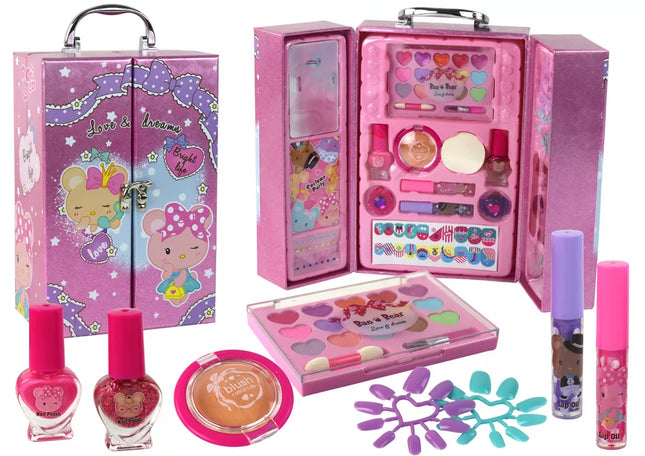 Grožio makiažo ir nagų rinkinys rožiniame lagamine