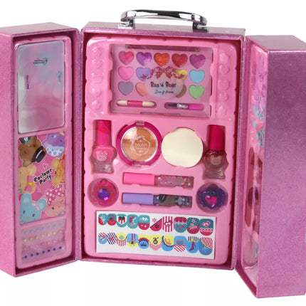 Grožio makiažo ir nagų rinkinys rožiniame lagamine