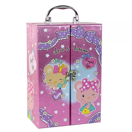 Grožio makiažo ir nagų rinkinys rožiniame lagamine