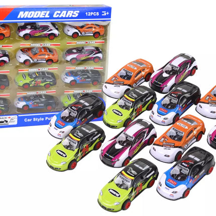 Sportinių automobilių rinkinys 1:55 su frikciniu varikliu, 12 spalvingų vienetų