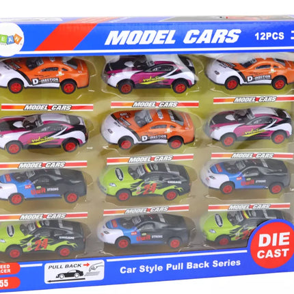 Sportinių automobilių rinkinys 1:55 su frikciniu varikliu, 12 spalvingų vienetų
