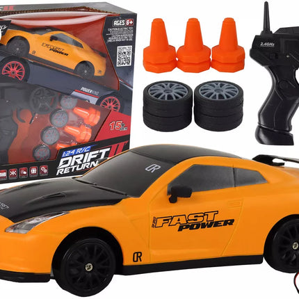 Nuotoliniu būdu valdomas sportinis automobilis R/C 1:24 geltonas su keičiamais ratais