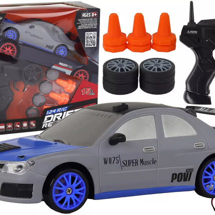 Nuotoliniu būdu valdomas sportinis automobilis R/C 1:24 pilkas su keičiamais ratais