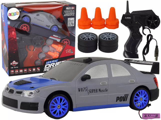 Nuotoliniu būdu valdomas sportinis automobilis R/C 1:24 pilkas su keičiamais ratais