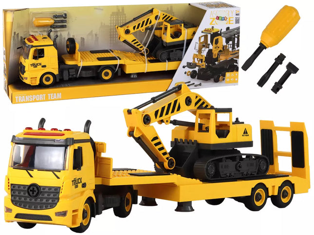 Sulankstomas tralas su vikšriniu ekskavatoriumi, garsu ir šviesa, "pasidaryk pats", geltonas