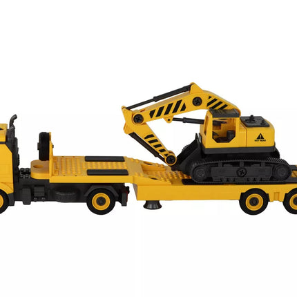 Sulankstomas tralas su vikšriniu ekskavatoriumi, garsu ir šviesa, "pasidaryk pats", geltonas