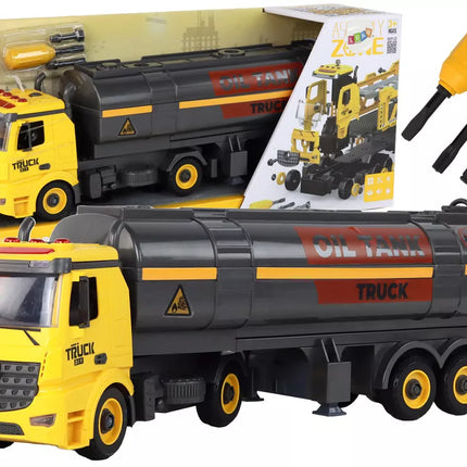 Surenkamas ir išardomas "pasidaryk pats" tanklaivis, geltoni žibintai, garsas