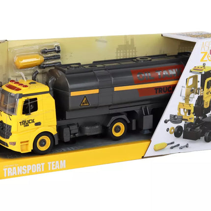 Surenkamas ir išardomas "pasidaryk pats" tanklaivis, geltoni žibintai, garsas