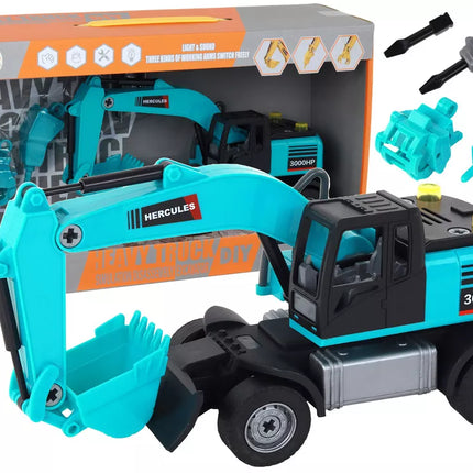 Ekskavatoriaus "pasidaryk pats" rinkinys, mėlynos spalvos statybinė transporto priemonė, gręžimo įrenginys, griebtuvas