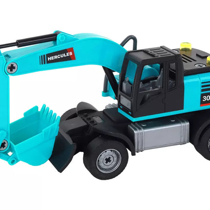 Ekskavatoriaus "pasidaryk pats" rinkinys, mėlynos spalvos statybinė transporto priemonė, gręžimo įrenginys, griebtuvas