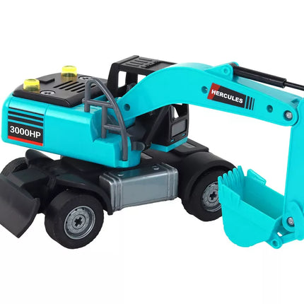 Ekskavatoriaus "pasidaryk pats" rinkinys, mėlynos spalvos statybinė transporto priemonė, gręžimo įrenginys, griebtuvas