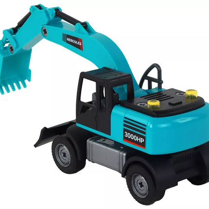 Ekskavatoriaus "pasidaryk pats" rinkinys, mėlynos spalvos statybinė transporto priemonė, gręžimo įrenginys, griebtuvas