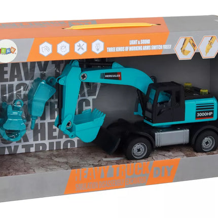 Ekskavatoriaus "pasidaryk pats" rinkinys, mėlynos spalvos statybinė transporto priemonė, gręžimo įrenginys, griebtuvas