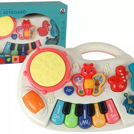 Edukaciniai pianino klavišai, instrumentai, drugeliai, edukacinė muzikos panelė