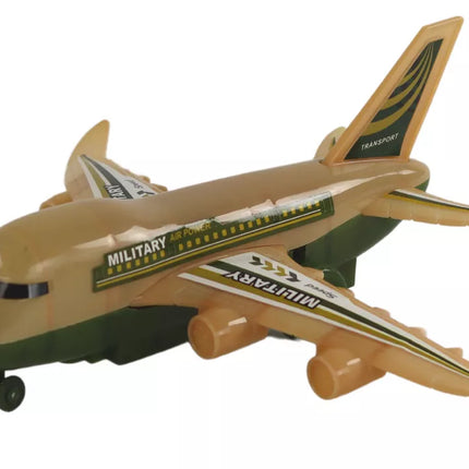 Nuotoliniu būdu valdomas karinis kamufliažinis lėktuvas su šviesomis