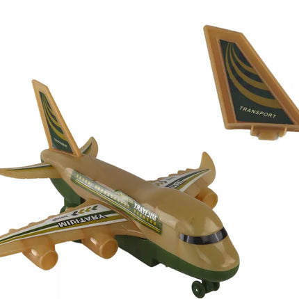 Nuotoliniu būdu valdomas karinis kamufliažinis lėktuvas su šviesomis