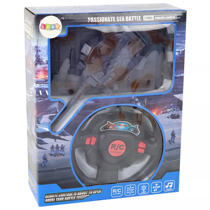 Radijo bangomis valdomas tankas su šviesomis ir garsais, karinio jūrų laivyno mėlynos spalvos, mastelis 1:18, 27MHz