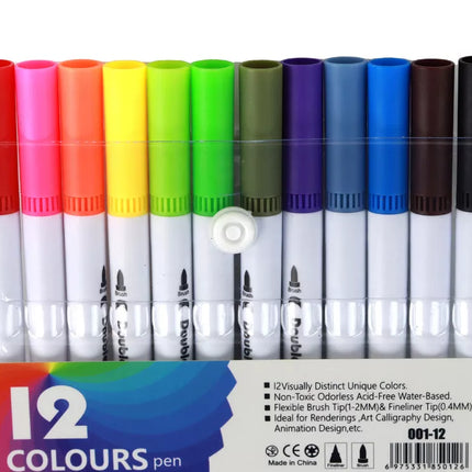 12 dvipusių skirtingų spalvų žymeklių rinkinys su dėklu