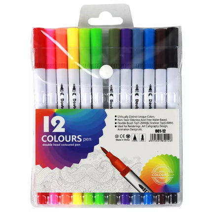 12 dvipusių skirtingų spalvų žymeklių rinkinys su dėklu