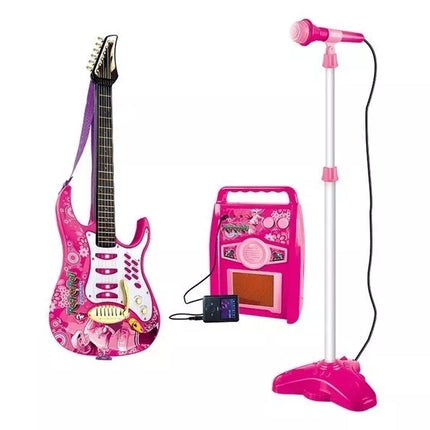 Rožinė elektrinė gitara su mikrofonu ir stiprintuvu