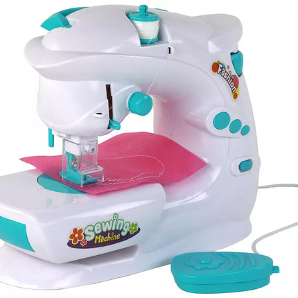 Siuvimo mašina vaikams, kaip tikra, balta, veikia su baterijomis