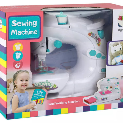 Siuvimo mašina vaikams, kaip tikra, balta, veikia su baterijomis