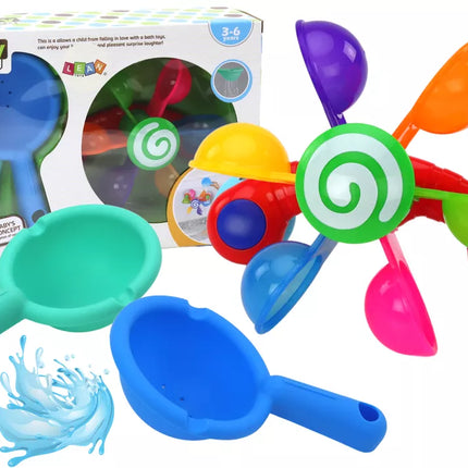 Besivartančio vonios žaislo spalvingi dubenėliai, du šaukštai