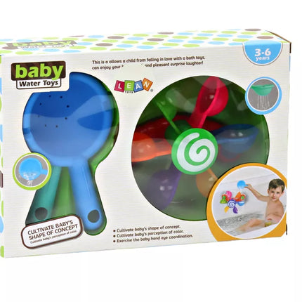 Besivartančio vonios žaislo spalvingi dubenėliai, du šaukštai