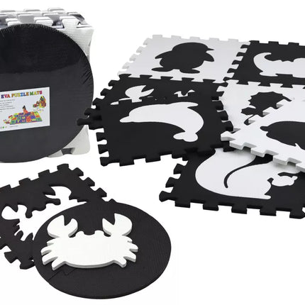 Minkštas dėlionės kilimėlis, kontrastingas, edukacinis EVA putų, juodai baltas, 19 dalių.