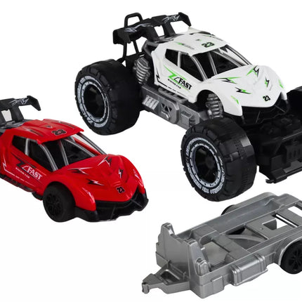 Rinkinys: baltas visureigis, raudonas sportinis automobilis, vilkikas