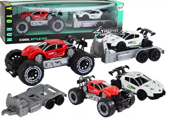 Raudonas visureigis automobilis ir baltas sportinio automobilio tempimo automobilis