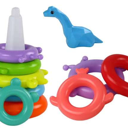 Žirafos piramidės dėlionė, 8 spalvingi žiedai, 29 cm x 14 cm x 14 cm