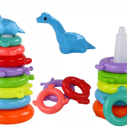 Žirafos piramidės dėlionė, 8 spalvingi žiedai, 29 cm x 14 cm x 14 cm