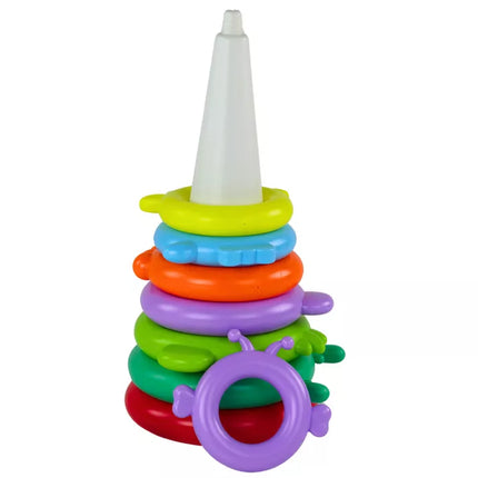 Žirafos piramidės dėlionė, 13 apskritimų, spalvinga, 43 cm x 18 cm x 18 cm