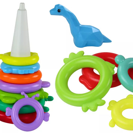 Žirafos piramidės dėlionė, 13 apskritimų, spalvinga, 43 cm x 18 cm x 18 cm