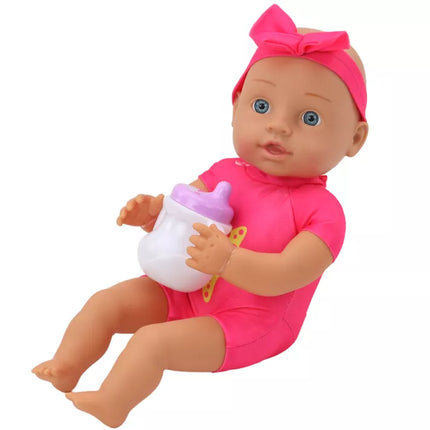 Lėlė kūdikis, rožiniai drabužiai, galvos juosta, maitinimo reikmenys