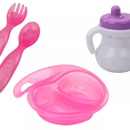 Lėlė kūdikis, rožiniai drabužiai, galvos juosta, maitinimo reikmenys