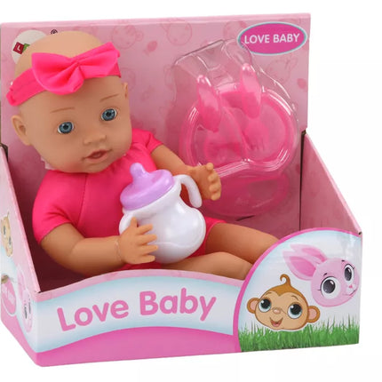 Lėlė kūdikis, rožiniai drabužiai, galvos juosta, maitinimo reikmenys