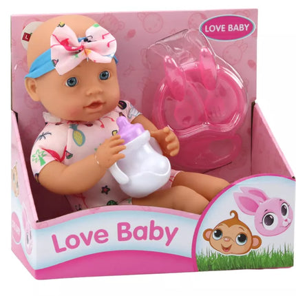 Lėlė kūdikis, drabužiai su flamingais, galvos juosta, maitinimo reikmenys