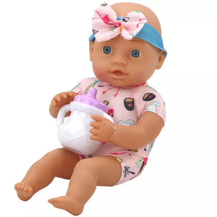 Lėlė kūdikis, drabužiai su flamingais, galvos juosta, maitinimo reikmenys